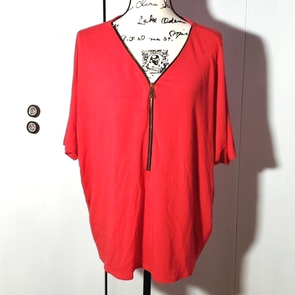 Fig & Blu| Women's Reddish Pink Zipper Front Soft Short Sleeve Top Career Sz. 1X